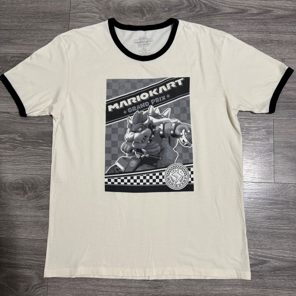 Super Nintendo World Mario Kart Bowser Grand Prix‎ Ringer T-Shirt Mens XL Cream